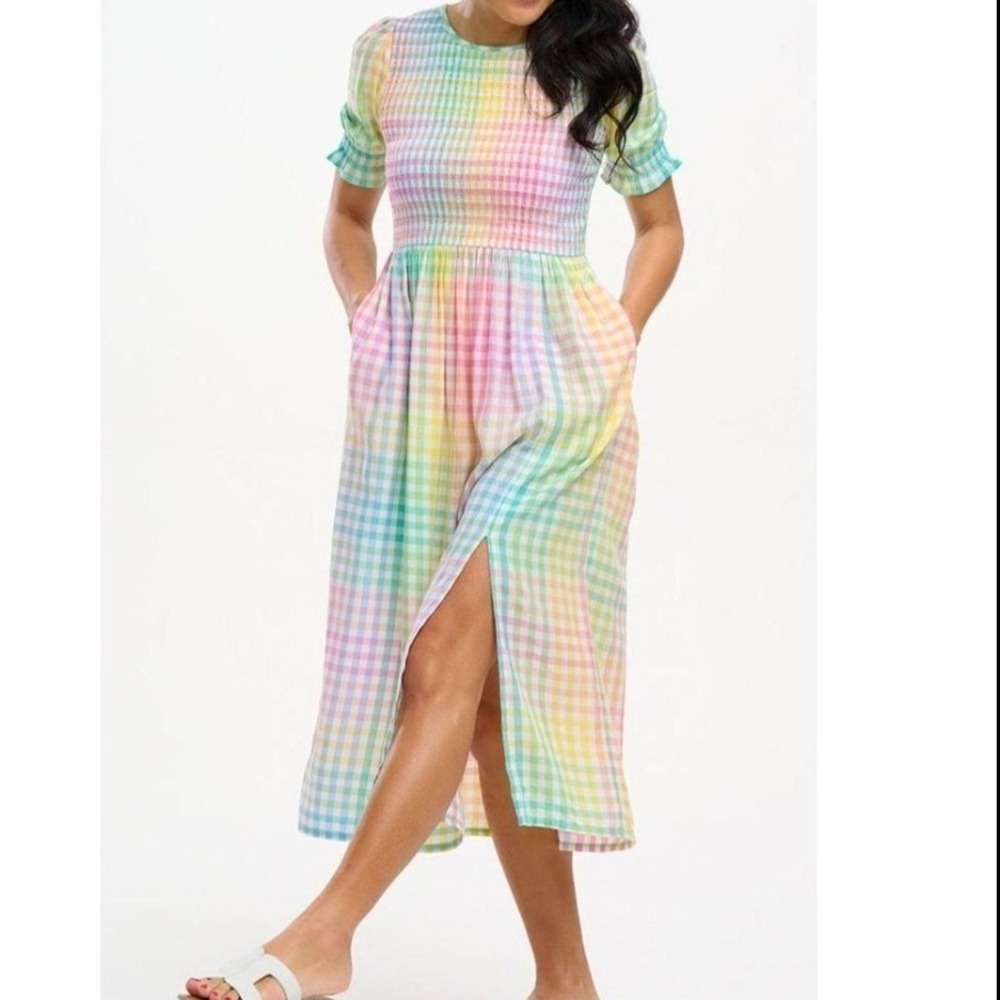 Sugarhill Brighton Maxi Dress Womens 4 Gingham Smocked Puff Sleeve New